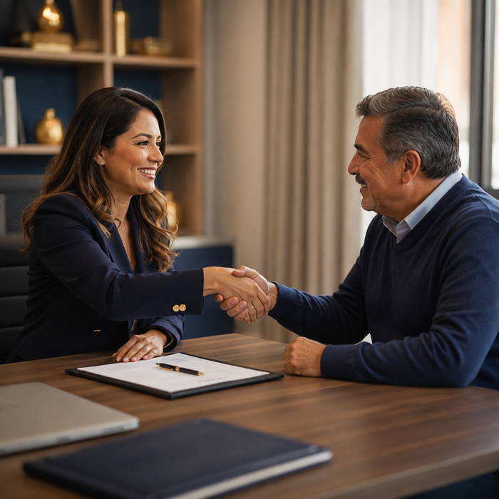 Agente y cliente sellando un acuerdo con confianza