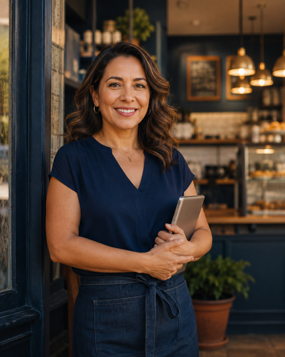 Hispanic business owner standing in front of her shop